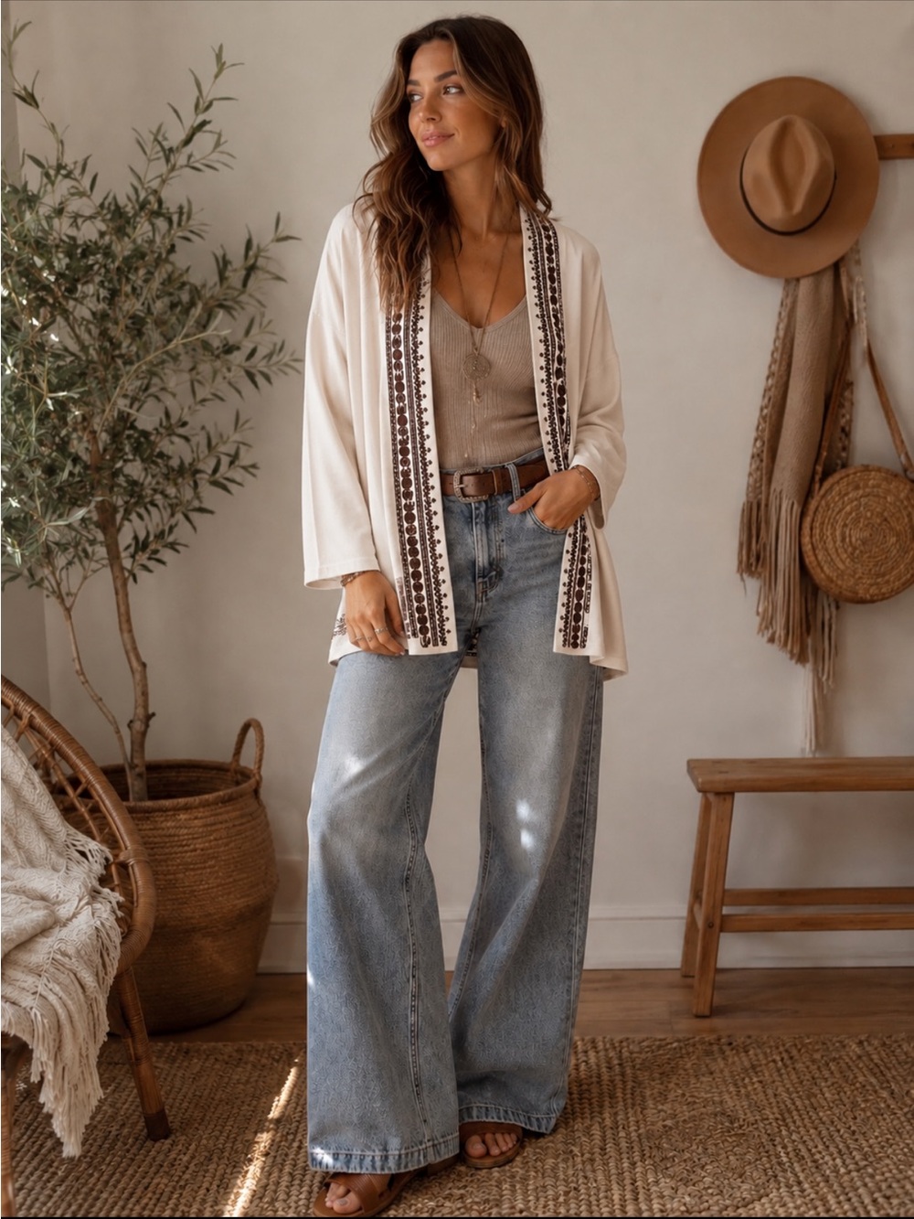 Lucky Brand Boho Embroidered Open Front Cardigan - Cream with Brown Trim